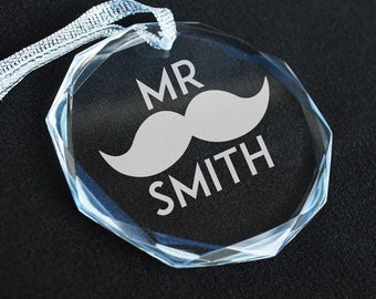 Personalized "Mr." Mustache Laser Engraved Crystal Ornament - Crystal Ornament - Laser Engraved -Christmas Gift Ideas - Mustache Ornament