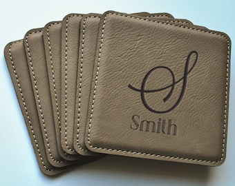 Personalized Leather Coaster Set – Engraved Initial, Housewarming Gift