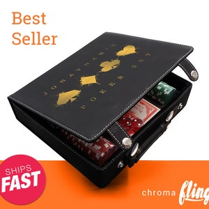 Card Suits Splatter Laser Engraved Poker Chip Set-Black Case With Gold Engraving-Custom Poker Game-Personalized Poker Case-Poker Set