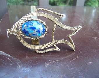 brass fish necklace with blue stone
