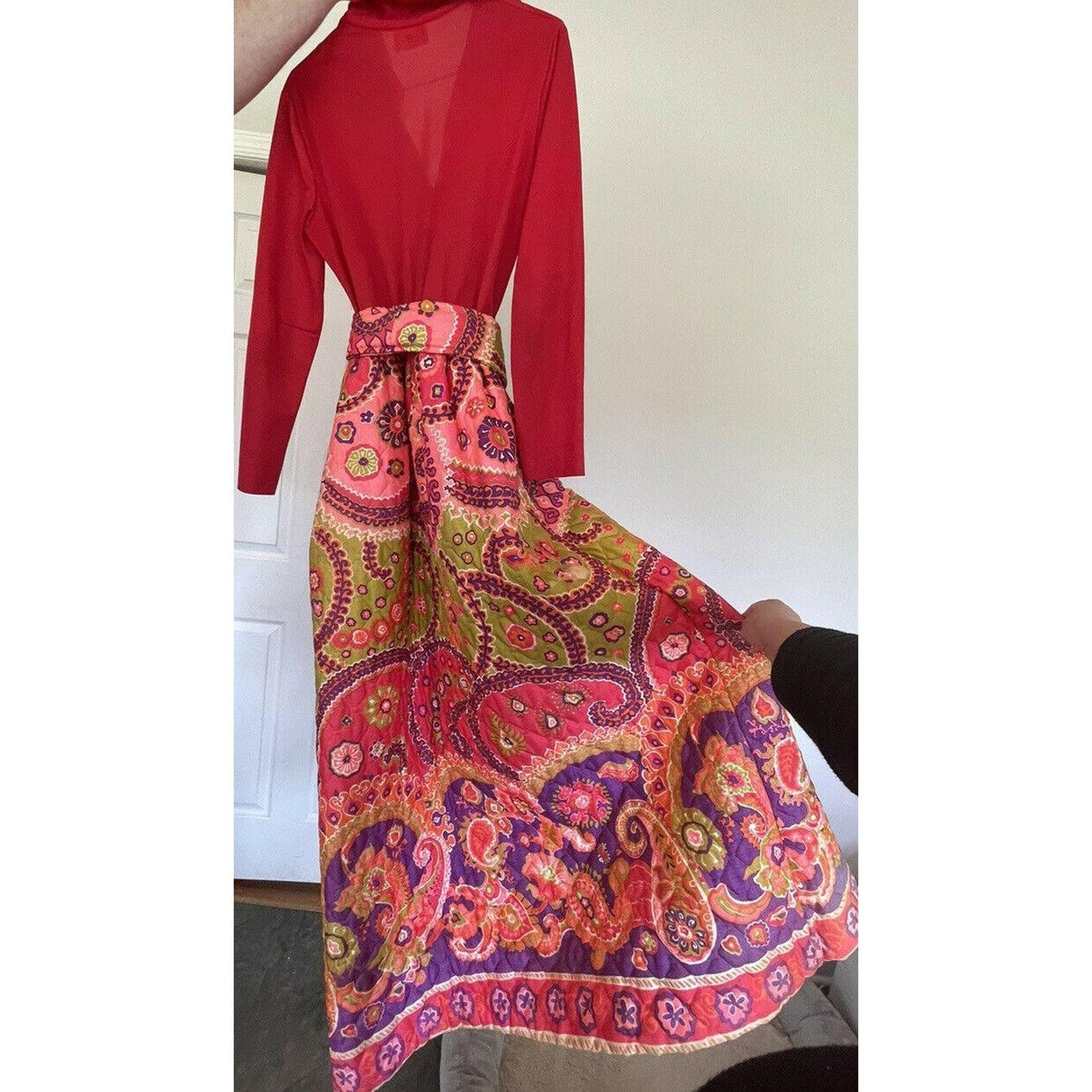 Vintage Red Quilted House Dress Robe LOUNGEES 14 Paisley Mid Etsy