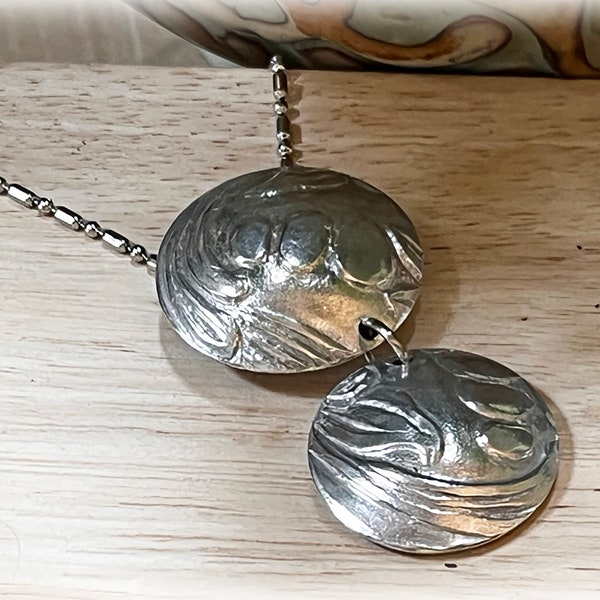 Domed Disc Double Pendant cut from Aluminum Tray, Round Floral Necklace, Upcycled Aluminum Jewelry, Unique Lightweight Pendant