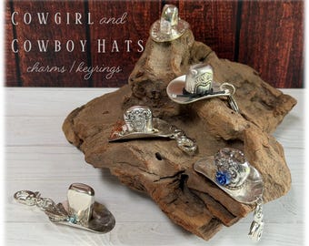 Silver Spoon and Knife Cowboy Cowgirl Hats Charms Keyrings: Choose from 5 Designs