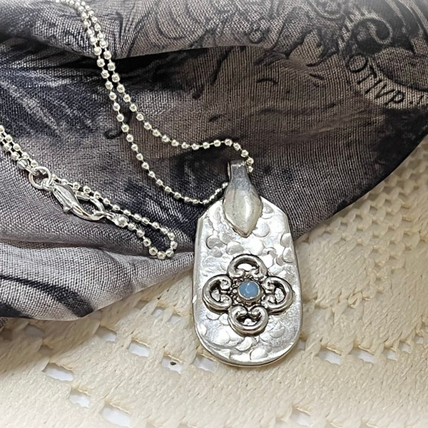 Antique Silverplate Tipped Flatware Pendant, Textured Pendant with Opal, Spoon Pendant, Ball Chain
