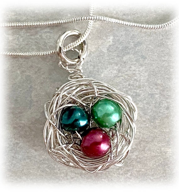 Silver Nest BIRTHSTONE Bird Nest Pendant Charm Pearly Colored