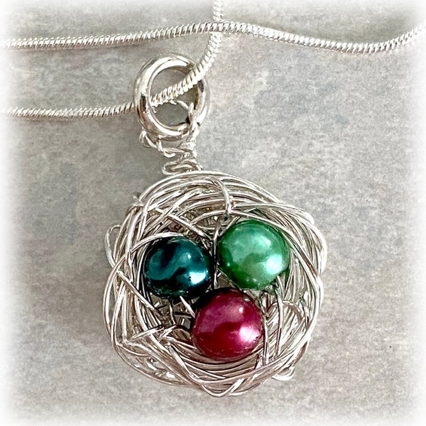 Silver Nest, BIRTHSTONE Bird Nest Pendant Charm, Pearly Colored Glass Bead Eggs, Silver Chain, Necklace, Mom Gift