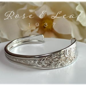Vintage Spoon Cuff Bracelet, 1937 Rose and Leaf Silverplate, Floral Scroll Design