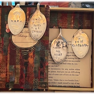 Hand Stamped Spoon Bookmark, Repurposed Silverplate Spoon, 7 Choices, Book Club, Literary Gift