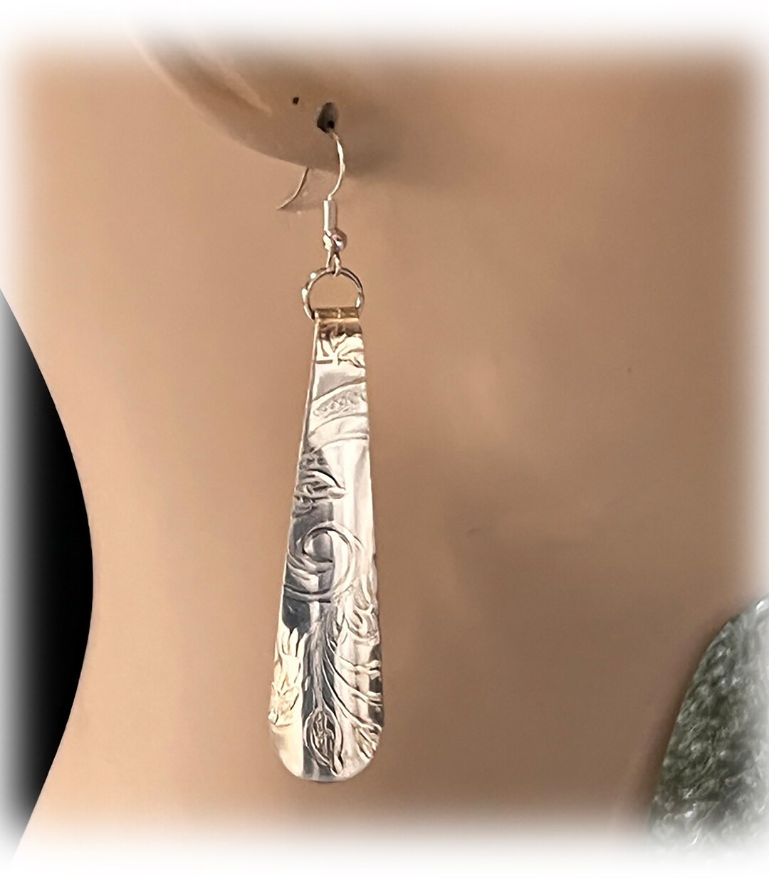 Elongated Long Drop Dangle Earrings Cut From Vintage Silverplate Tray