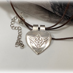 Princess Heart Pendant, Lady Doris Silver Hand Cut Salad Fork Heart Pendant, Leather Cord, Art Deco