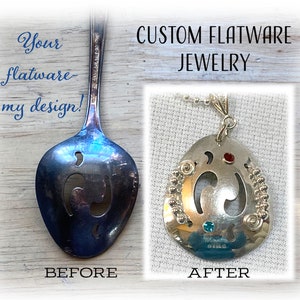 May include: Before and after image of a spoon transformed into a custom flatware necklace. The spoon has a cut-out design and is polished silver. The necklace features a red and blue gemstone and silver beads.