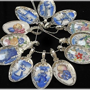 Antique Porcelain Silverplate Pendant from Collector Spoons, Feminine, Mother&#39;s Day, Flowers, Windmills, Choose Your Favorite