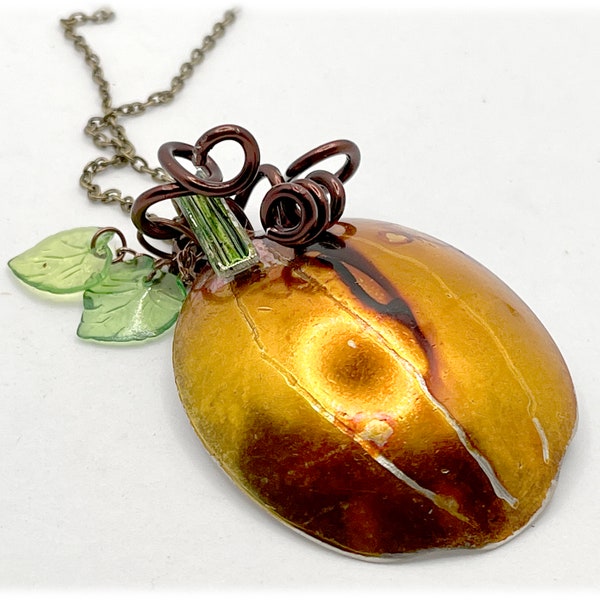 Spoon Pumpkin Gourd Pendant, Golden Orange Alcohol Ink Color, Statement Necklace, Unique Jewelry, Copper Wire Vines Bail