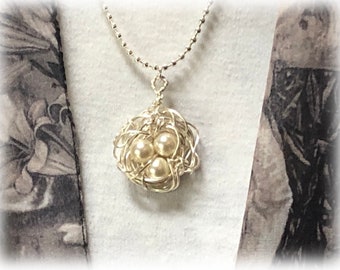 Silver Birdnest Bird Nest Pendant, 3 Pearl Bead Eggs, Silver Bead Chain, Necklace, Mom Gift