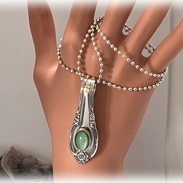 Vintage Remembrance Spoon Pendant, Luminescent Green Cabochon, Upcycled Flatware Necklace, 1948 Silverplate