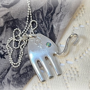 Elephant Fork Pendant, Green Iridescent Eye, Upcycled Silverplate Flatware, Silver Ball Chain, Good Luck