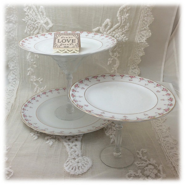 Tiered Tidbit Serving Station Dishes, Upcycled Repurposed, made with Flanders Crystal Stems and Warwick Pink Roses China