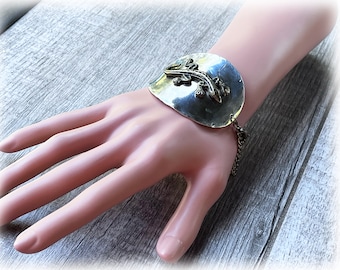 Rustic Spoon Cuff Bracelet, Brass Lizard, Silverplate, Upcycled Silverware, Orphaned Jewelry, Unique