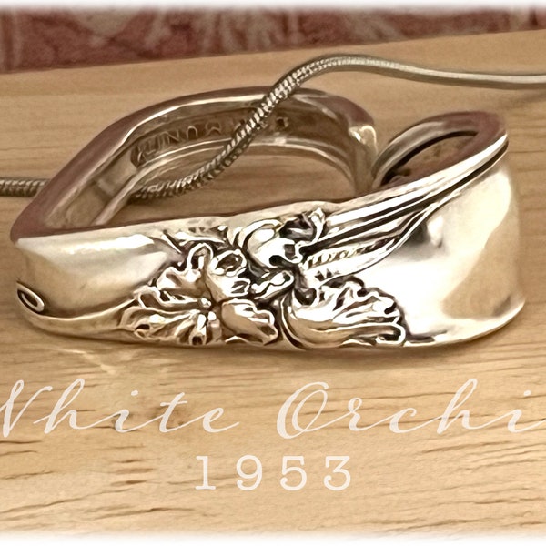 Vintage White Orchid Heart Silverplate Pendant, 1953 Spoon and Fork Jewelry, Serpent Chain, Valentine, Love Gift