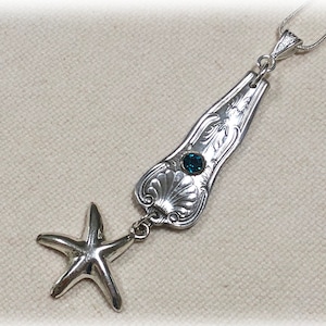 Caribbean Blue Starfish Spoon Jewelry, Vintage Silverplate Pendant, Teal Crystal, KINGS, Beach Lover Gift