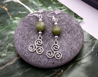Triskel Earrings - Triskelion Earrings - Spiral Earring - Celtic Earrings -Celtic Jewelery - Connemara Marble Earrings - Silver Earrings
