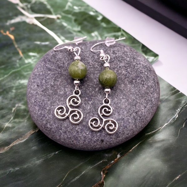 Triskel Earrings - Triskelion Earrings - Spiral Earring - Celtic Earrings -Celtic Jewelery - Connemara Marble Earrings - Silver Earrings