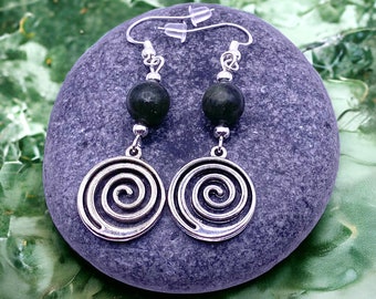 Spiral Charm Earrings with Connemara Marble Beads - 925 Silver Hooks