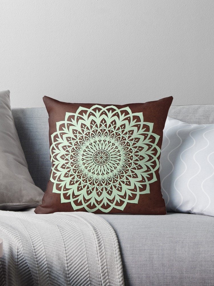 Mint & Brown Mandala Pillow With Insert/Decorative Cushion Flower Art Colourful Design Modern Home &
