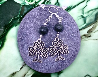 Shamrock Charm Earrings with Connemara Marble Beads - 925 Silver Hooks