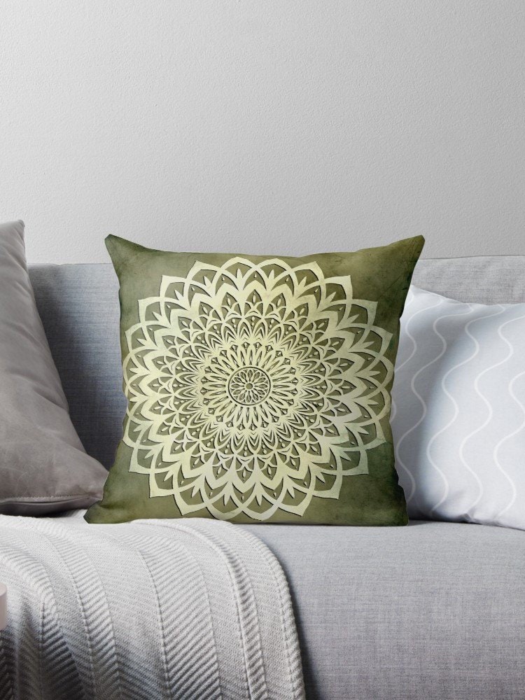 Green Mandala Pillow With Insert/Decorative Cushion Flower Art Colourful Design Modern Home & Living