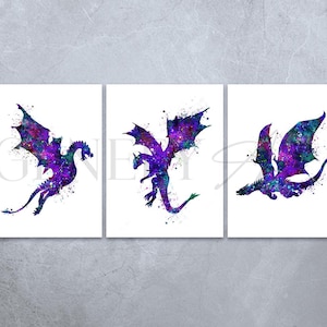 Dragon Art Print - Set of 3 Dragon Prints - Purple Dragon Nursery Wall Art - Dragon Nursery Decor - Dragon Poster - Dragon Wall Art