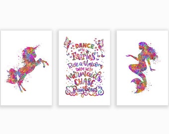 Mermaid Unicorn and Fairy Watercolour Art Print Set of 3 - Mermaid Watercolour Poster - Fairy Art - Nursery Decor - Gift for Her