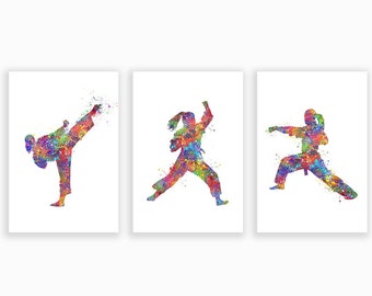 Female Taekwondo Watercolour Art Print - Set of 3 - Taekwondo Martial Arts Poster - Tae Kwon Do Martial Arts Print - Taekwondo Gift