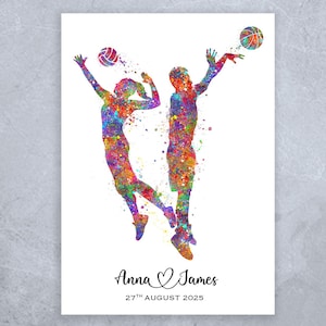 Gepersonaliseerde aquarelafdruk voor basketbal- en volleybalpaar - huwelijkscadeau - valentijnscadeau - cadeau voor sportkoppel