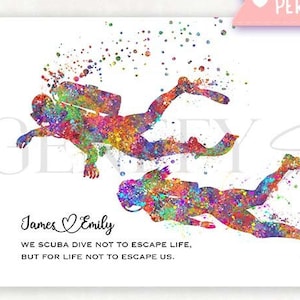 Personalisiertes Scuba Diving Paar Aquarell Print - Scuba Diving Poster - Hochzeitsgeschenk - Valentinstagsgeschenk - Scuba Wanddekor