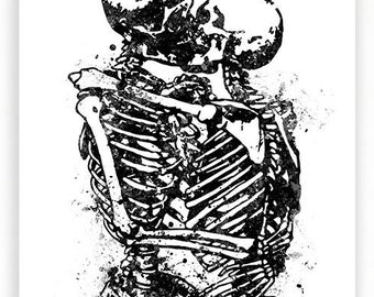 Skeleton Kissing Art Print: Black and White Gothic Home Decor