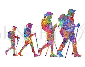 Hiking Family Watercolor Art Print: Gift for Hikers