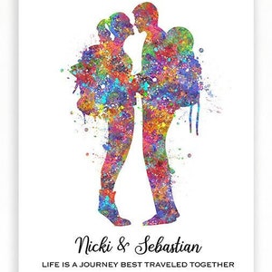 Impresión de acuarela personalizada de pareja de excursionistas - Póster de senderismo - Regalo de boda - Regalo de San Valentín - Decoración deportiva de senderismo - Regalo para pareja -