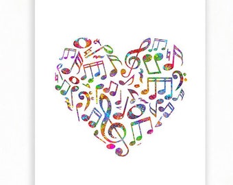 Heart Music Notes Watercolour Art Print  - Music Notes Watercolour Art - Music Studio Decor - Cute Music Poster - Music Lover Gift Ideas
