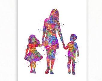 Mother Holding Hands with Son and Daughter Watercolour Art Print - Motherhood Watercolor Art - Mother and Baby Art - Gift for Daughter