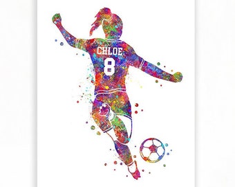 Impresión de arte de acuarela de jugador de fútbol femenino personalizado - Póster de jugador de fútbol - Impresión de fútbol - Decoración de la sala de deportes - Decoración de arte de fútbol