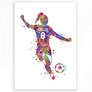 Personalisierte Fußballspielerin Aquarell Art Print Fußballspieler Poster Fußball Druck Sport Room Decor Fußball Art Decor Bild 1