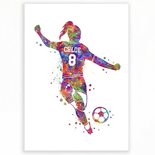 Personalised Female Soccer Player Watercolour Art Print - Soccer Player Poster - Soccer Print - Sports Room Decor - Soccer Art Decor