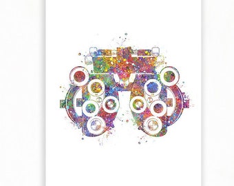 May include: A watercolor illustration of an eye chart, a medical tool used to test vision. The illustration is in shades of blue, green, yellow, orange, red, and purple.