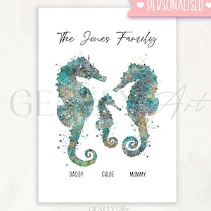 Personalised Seahorse Family of 3 Teal Watercolour Art Print - Seahorse Wall Art - Family Prints - Family Gift Ideas - Wedding Gift Ideas