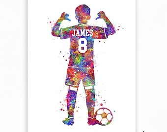 Impresión de acuarela de jugador de fútbol personalizado: decoración deportiva para habitación de niños