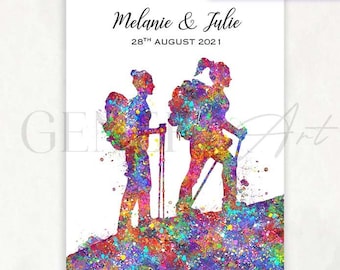 Personalized Female Hikers Watercolor Art Print: Hiking Sports Decor