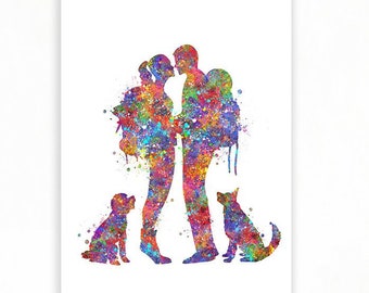 Wanderndes Paar Aquarell mit Hunden: Sport Kunst Poster