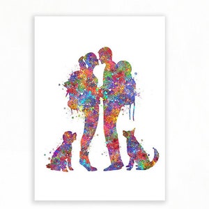 Wanderpaar mit Hunden Aquarell Druck - Wander Poster - Hochzeitsgeschenk - Valentinstag Geschenk - Wandern Sport Dekor