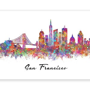 Impresión artística en acuarela del horizonte de San Francisco - Impresión del paisaje urbano de San Francisco - Impresión del horizonte de San Francisco - Decoración de pared de San Francisco